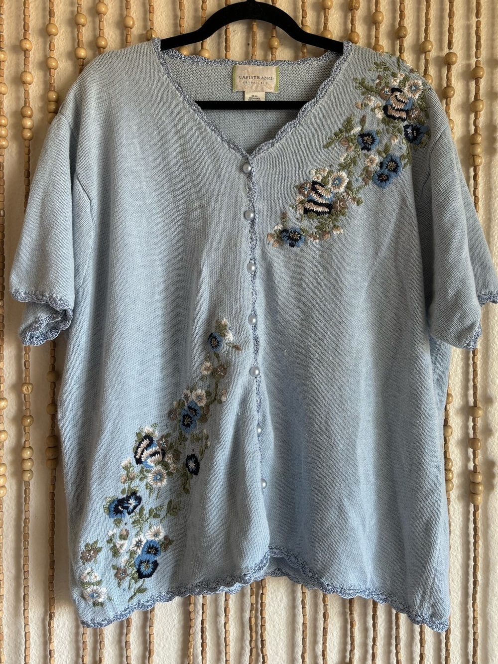 Vintage 90s Cotton Blue Floral Embroidered Beaded Lace Trim Button Fairy Cottage